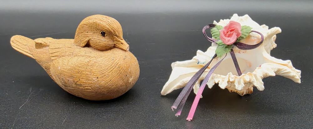 Vintage Faux Wood Resin Duck Figurine & Decorated Murex Seashell Pair